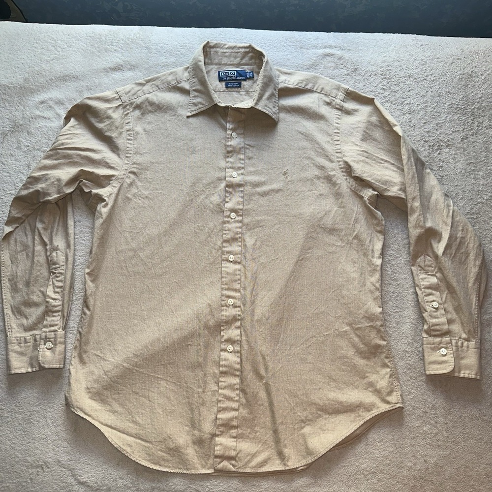 Vintage Polo Ralph Lauren Andrew Shirt Mens XL 16.5 34/35 Beige Tan Woven Cotton - Picture 2 of 9